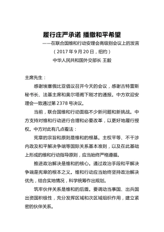 外交部长王毅：在联合国维和行动安理会高级别会议上的发言