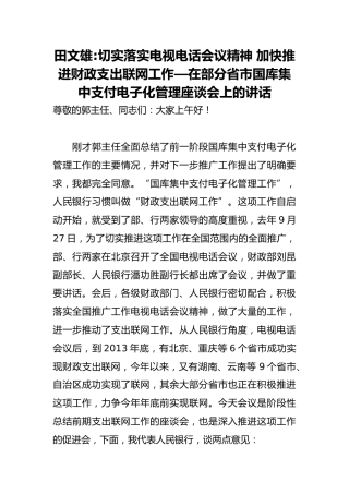 田文雄：切实落实电视电话会议精神 加快推进财政支出联网工作—在部分省市国库集中支付电子化管理座谈会上的讲话