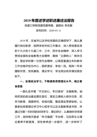 高校党委、副院长2019年度述学述职述廉述法报告