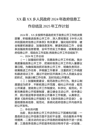 XX县XX乡人民政府2024年政府信息工作总结及2025年工作计划