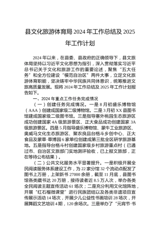 县文化旅游体育局2024年工作总结及2025年工作计划