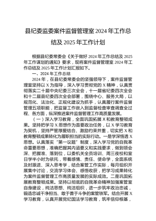 县纪委监委案件监督管理室2024年工作总结及2025年工作计划