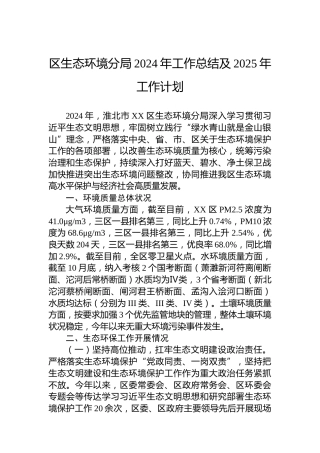 区生态环境分局2024年工作总结及2025年工作计划