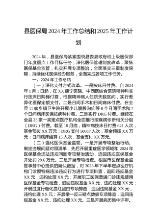 县医保局2024年工作总结和2025年工作计划