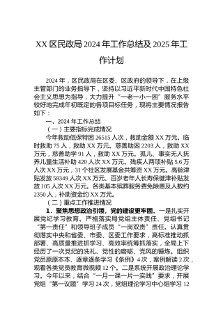 XX区民政局2024年工作总结及2025年工作计划