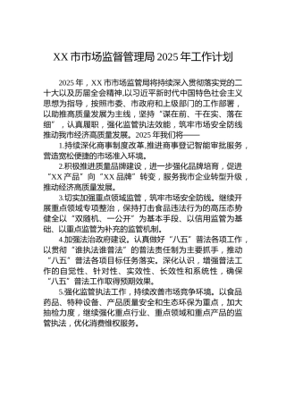XX市市场监督管理局2025年工作计划