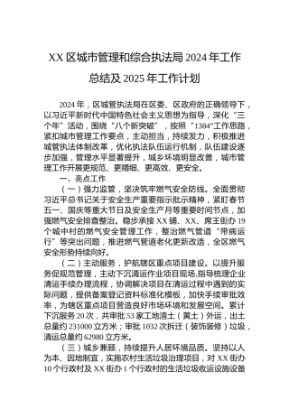 XX区城市管理和综合执法局2024年工作总结及2025年工作计划