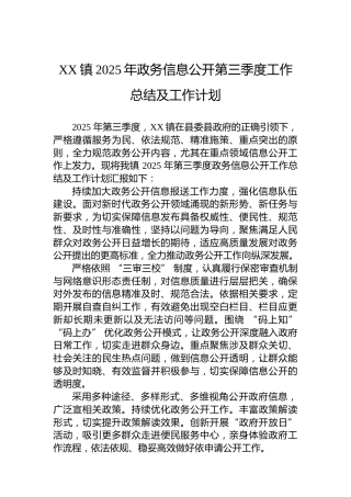 XX镇2025年政务信息公开第三季度工作总结及工作计划