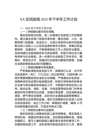 XX区民政局2025年下半年工作计划