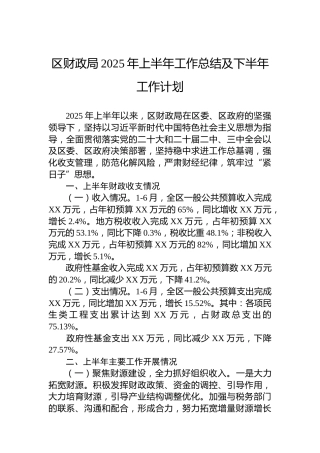 区财政局2025年上半年工作总结及下半年工作计划