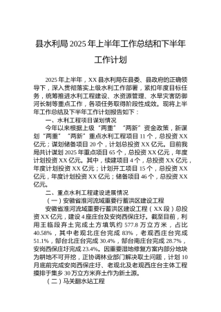 县水利局2025年上半年工作总结和下半年工作计划