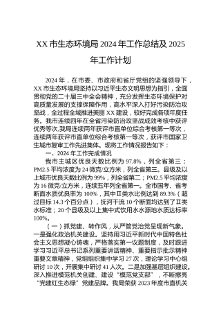 XX市生态环境局2024年工作总结及2025年工作计划
