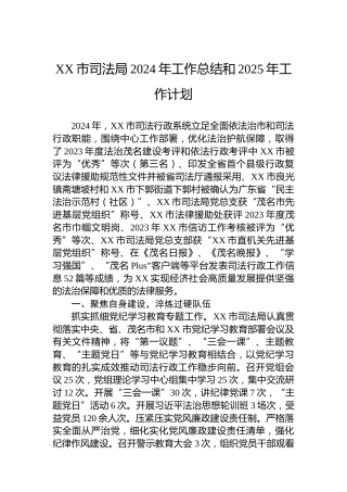 XX市司法局2024年工作总结和2025年工作计划