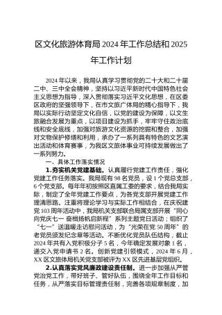 区文化旅游体育局2024年工作总结和2025年工作计划