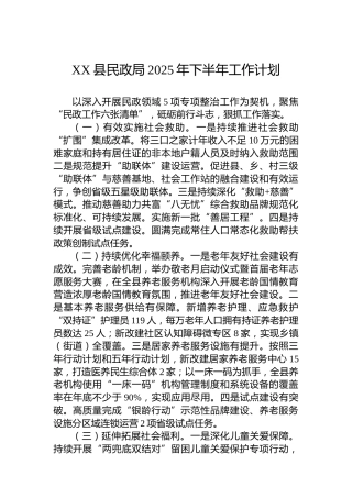XX县民政局2025年下半年工作计划