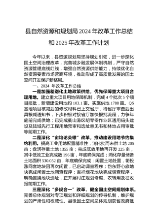 县自然资源和规划局2024年改革工作总结和2025年改革工作计划