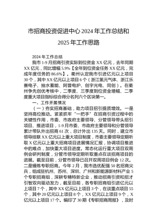 市招商投资促进中心2024年工作总结和2025年工作思路