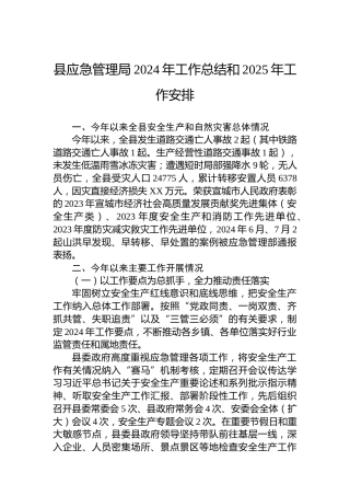 县应急管理局2024年工作总结和2025年工作安排