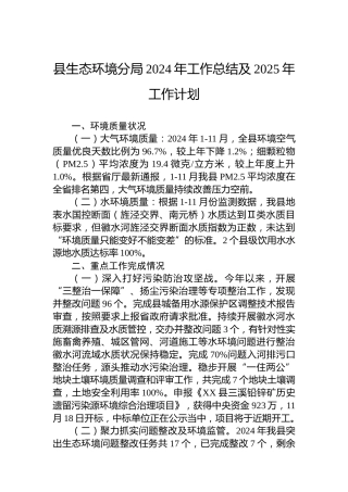 县生态环境分局2024年工作总结及2025年工作计划