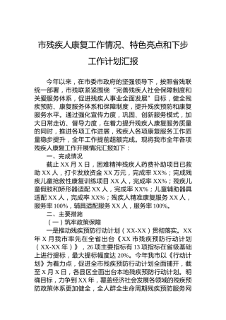 市残疾人康复工作情况、特色亮点和下步工作计划汇报
