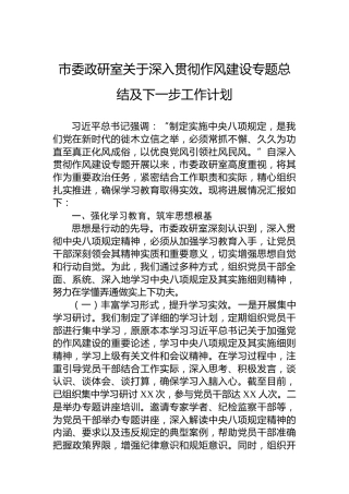 市委政研室关于深入贯彻作风建设专题总结及下一步工作计划