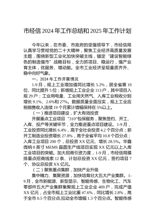 市经信2024年工作总结和2025年工作计划