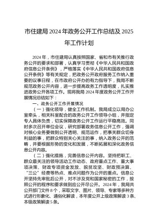 市住建局2024年政务公开工作总结及2025年工作计划