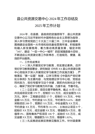 县公共资源交易中心2024年工作总结及2025年工作计划