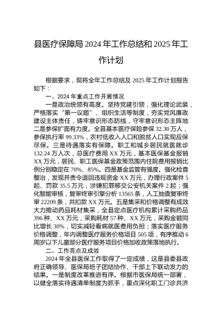 县医疗保障局2024年工作总结和2025年工作计划