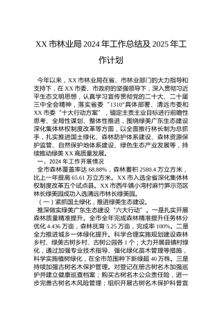 XX市林业局2024年工作总结及2025年工作计划