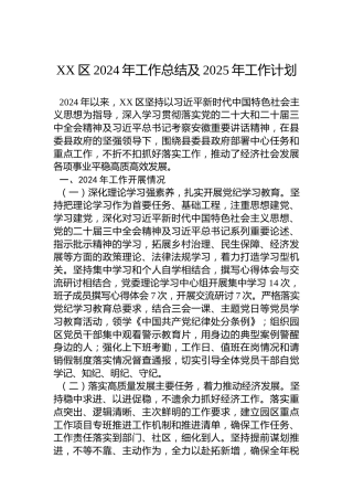 XX区2024年工作总结及2025年工作计划