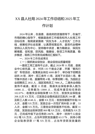 XX县人社局2024年工作总结和2025年工作计划