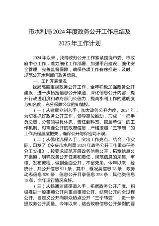 市水利局2024年度政务公开工作总结及2025年工作计划