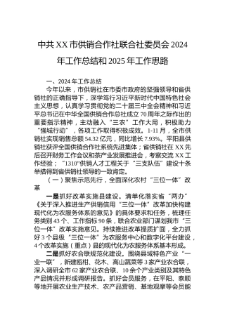 中共XX市供销合作社联合社委员会2024年工作总结和2025年工作思路