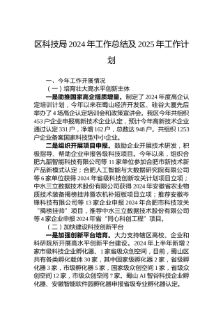 区科技局2024年工作总结及2025年工作计划
