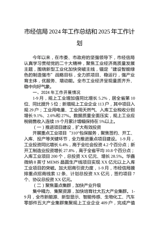 市经信局2024年工作总结和2025年工作计划