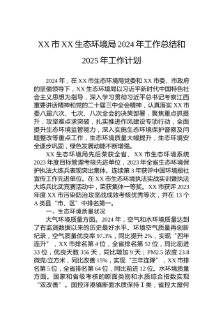 XX市XX生态环境局2024年工作总结和2025年工作计划