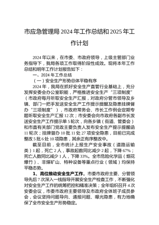 市应急管理局2024年工作总结和2025年工作计划