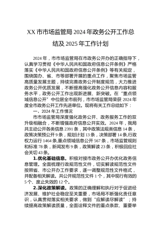 XX市市场监管局2024年政务公开工作总结及2025年工作计划