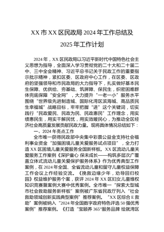 XX市XX区民政局2024年工作总结及2025年工作计划