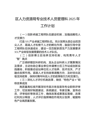 区人力资源局专业技术人员管理科2025年工作计划