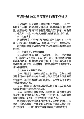 市统计局2025年度随机抽查工作计划