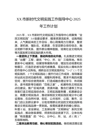 XX市新时代文明实践工作指导中心2025年工作计划