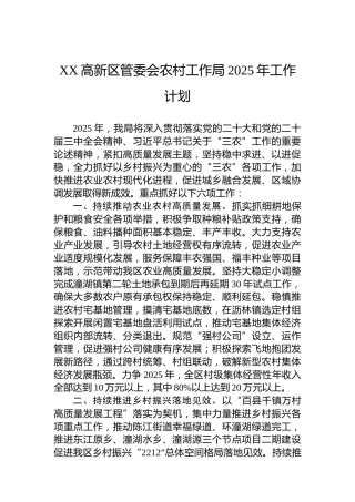XX高新区管委会农村工作局2025年工作计划