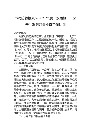市消防救援支队2025年度“双随机、一公开”消防监督检查工作计划