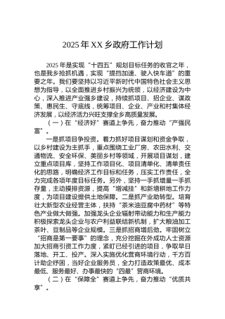 2025年XX乡政府工作计划