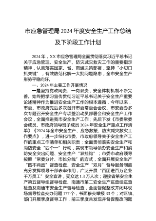 市应急管理局2024年度安全生产工作总结及下阶段工作计划