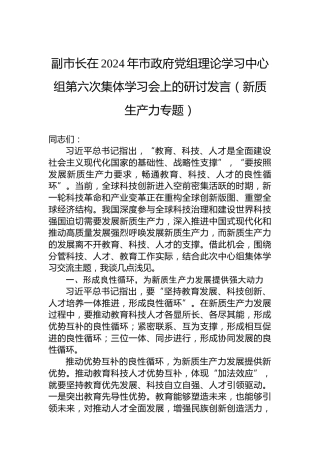 副市长在2024年市政府党组理论学习中心组第六次集体学习会上的研讨发言（新质生产力专题）