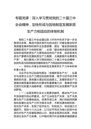 专题党课：深入学习贯彻党的二十届三中全会精神，加快形成与因地制宜发展新质生产力相适应的体制机制