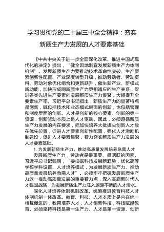 学习贯彻党的二十届三中全会精神：夯实新质生产力发展的人才要素基础